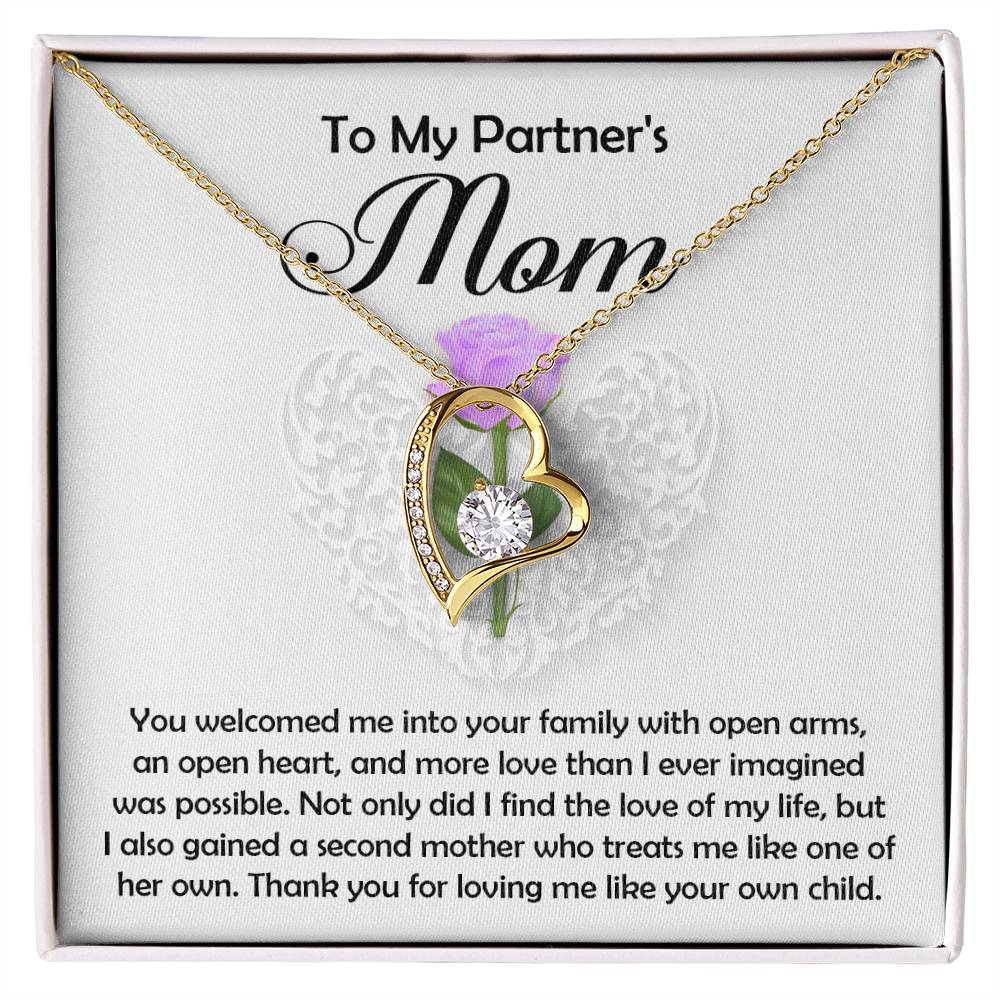 The Partner's Mom-A Second Mother - Forever Love Necklace features a gold-finish heart pendant with a diamond, presented in a box that reads: "To My Partner’s Mom" and includes a heartfelt note about being welcomed as family.