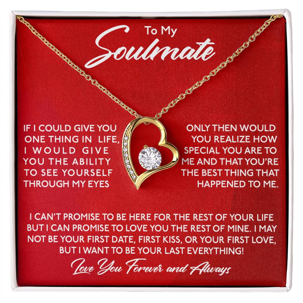 To My Soulmate, You Are Special To Me - Forever Love Necklace with a cubic zirconia center on a red background accompanied by a romantic message to a soulmate from ShineOn Fulfillment.