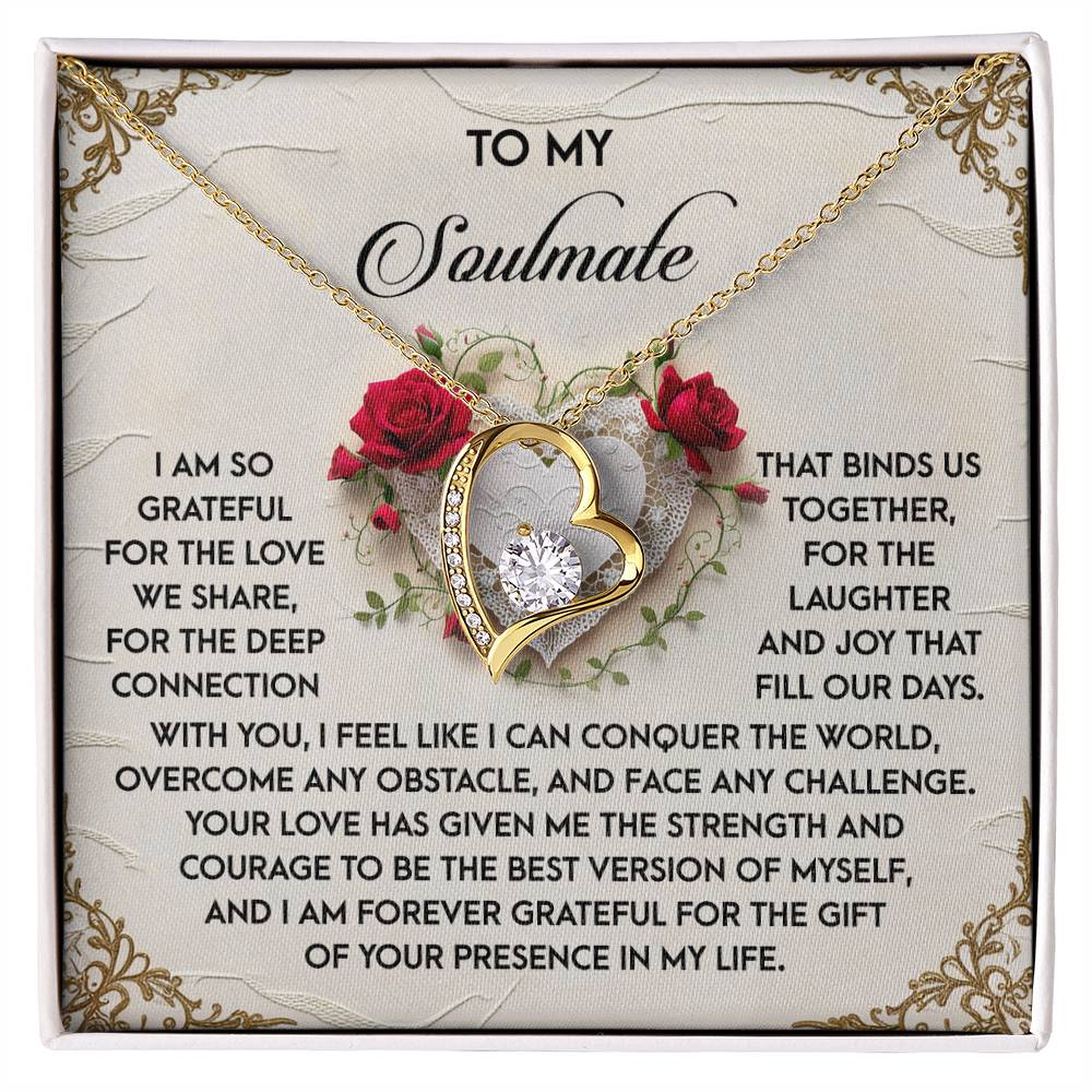 The Soulmate-Our Days - Forever Love Necklace showcases a heart pendant with a CZ crystal on the "To My Soulmate" card, featuring red rose accents, and has a timeless white gold finish to express endless love and affection.