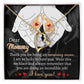 The "To Mom To Be, An Incredible Job - Forever Love Necklace" with a heart pendant is displayed in a box featuring a heartfelt message addressed to "Mommy," expressing love and appreciation. The backdrop includes an illustration of adult and baby hands holding hearts, making this personalized white gold gift truly special.