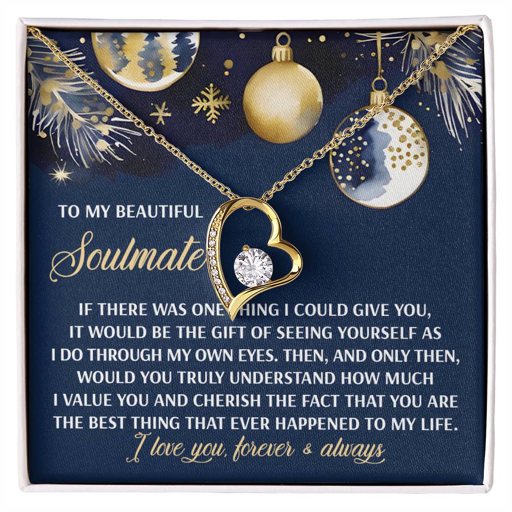 The Soulmate-One Thing - Forever Love Necklace showcases a gold heart-shaped charm adorned with a stunning CZ crystal. Elegantly displayed on a decorative card with an affectionate message, this necklace, available in a white gold finish, serves as the perfect symbol of love for your soulmate.