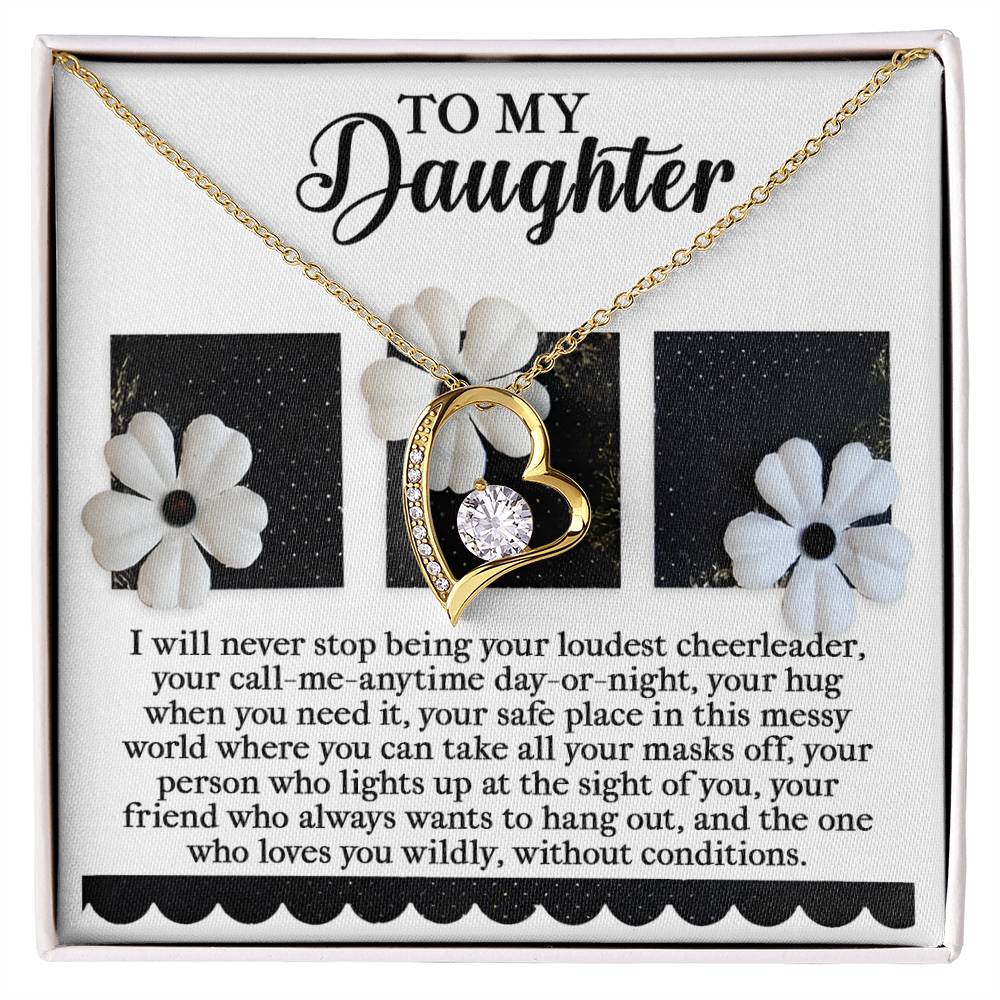 The Daughter-Loudest Cheerleader - Forever Love Necklace, featuring a heart-shaped pendant embellished with cubic zirconia and finished in white gold, is presented on a card that shows two flower images accompanied by a heartfelt message for your daughter.