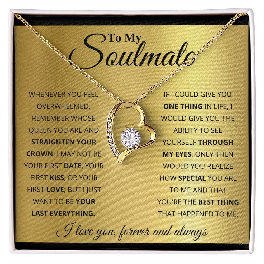 Gold heart-shaped pendant with a cubic zirconia stone on a To My Soulmate, You're The Best Thing That Happened To Me - Forever Love Necklace, presented on a card with a heartfelt message to a soulmate by ShineOn Fulfillment.