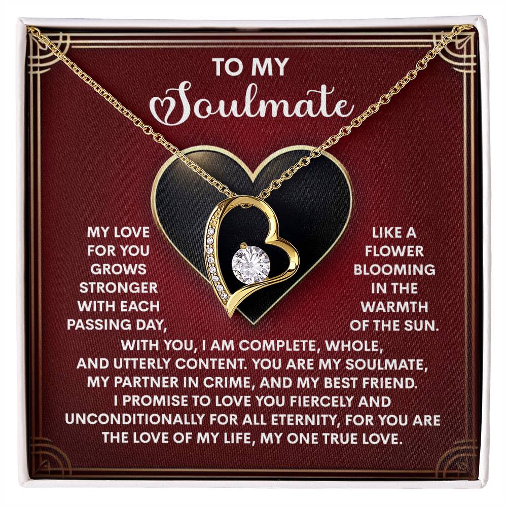 The Soulmate-One True Love - Forever Love Necklace features a gold finish and a central diamond, elegantly displayed on a card with a romantic message to your soulmate.