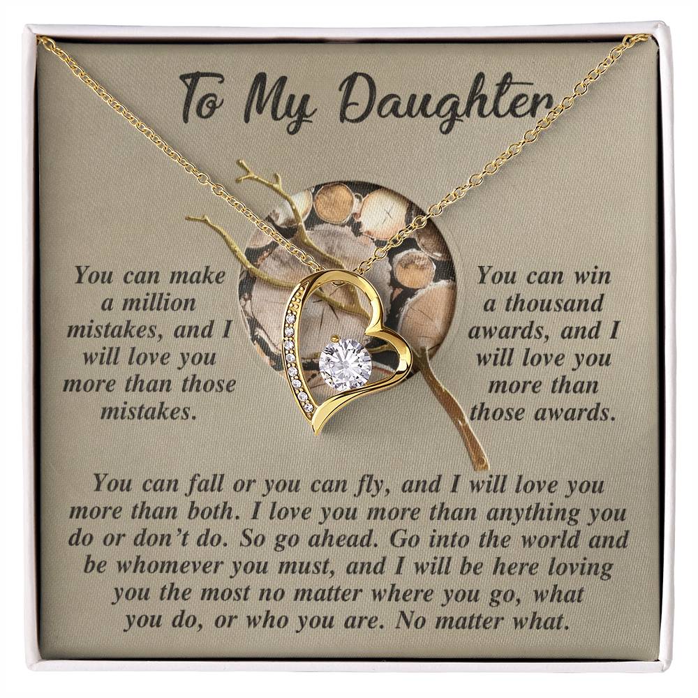 Introducing the Daughter-A Thousand Awards - Forever Love Necklace, a gold heart-shaped pendant with a diamond, elegantly presented on a card addressed "To My Daughter," featuring an inspirational message.