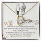 A To My Wife, I Just Want To Be Your Last Everything - Forever Love Necklace from ShineOn Fulfillment with a gold finish heart-shaped pendant necklace and an affectionate message, accompanied by an illustration of an elderly couple walking side by side.