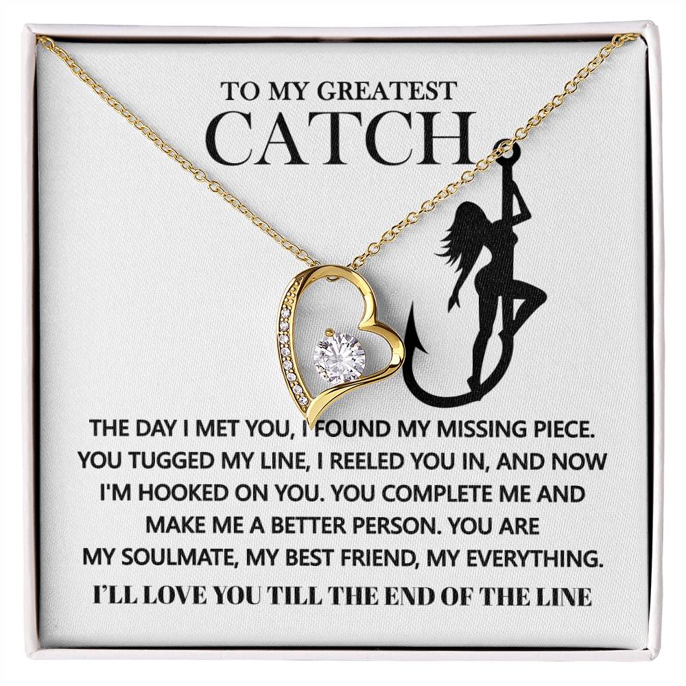 The Soulmate-Hooked On You - Forever Love Necklace showcases a gold heart pendant with cubic zirconia on a card featuring a fishing rod silhouette and romantic message, all enhanced by its elegant white gold finish for your special partner.