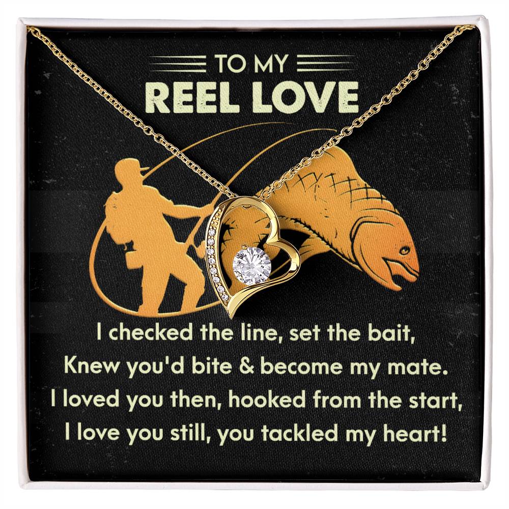 Soulmate-Tackled My Heart - Forever Love Necklace: A fishing-themed necklace with a gold finish and CZ crystal accents, featuring a silhouette of a person fishing with a fish. It includes a romantic message that embodies love and shared adventures.