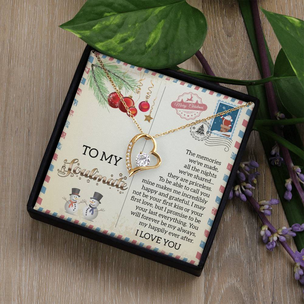 This elegant gift box contains the Soulmate-Last Everything - Forever Love Necklace, featuring a CZ crystal and a romantic message for your soulmate. The necklace boasts a sophisticated white gold finish and is beautifully adorned with holiday-themed decorations and text that celebrates cherished memories and happiness.