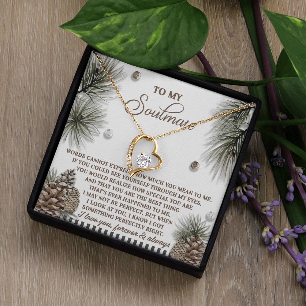 The Soulmate-Perfectly Right - Forever Love Necklace features a heart-shaped pendant in a remarkable white gold finish, adorned with cubic zirconia accents. It is elegantly displayed on a card containing a heartfelt message, set against a beautiful floral background.