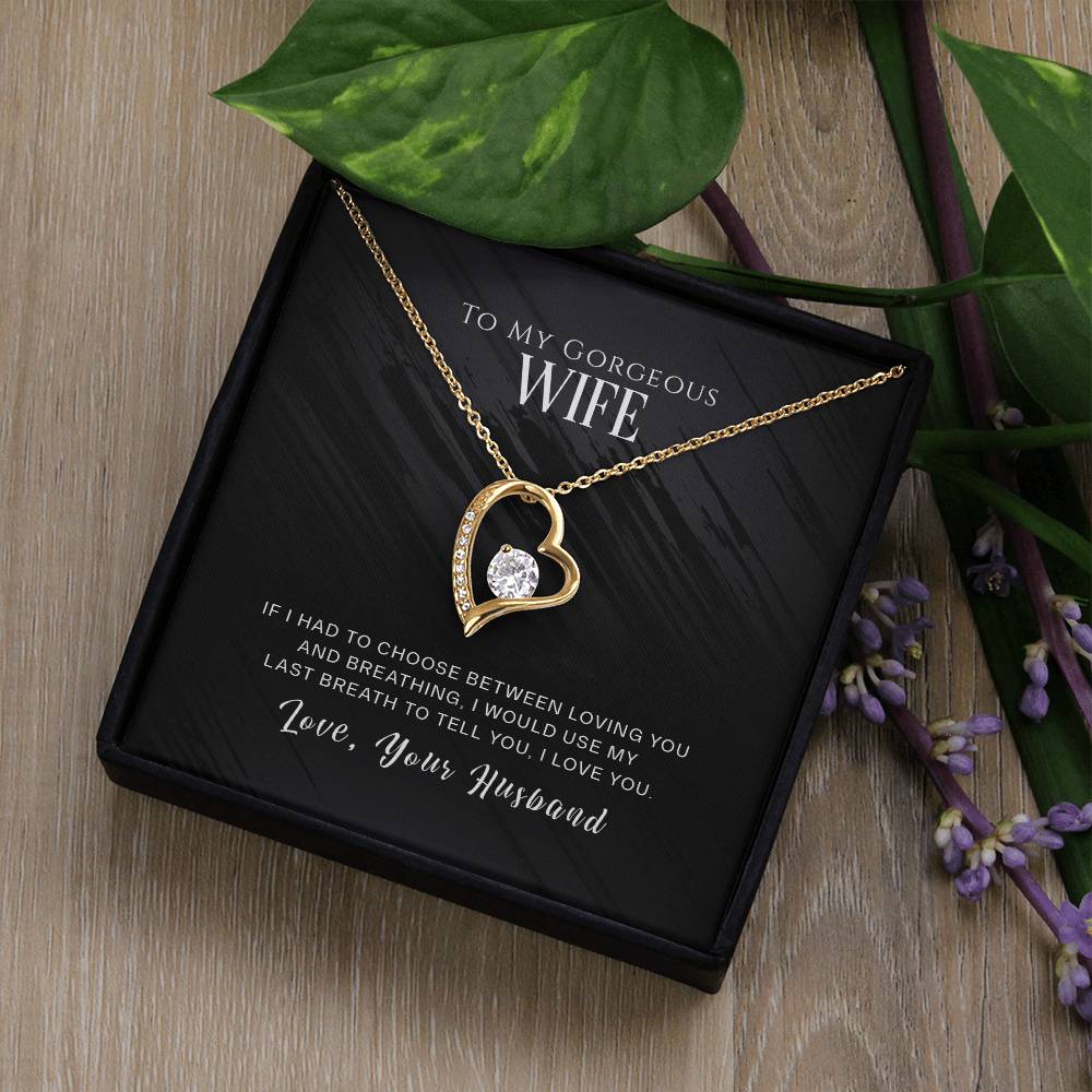A "To My Wife, I Love You" Forever Love Necklace in a gift box with a loving message from ShineOn Fulfillment.