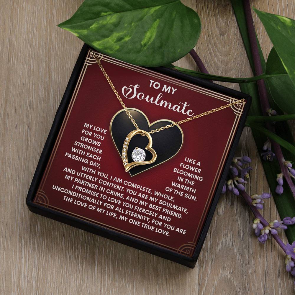 The Soulmate-One True Love - Forever Love Necklace features a heart-shaped pendant with a cubic zirconia stone and a white gold finish. It comes on a card reading "To My Soulmate" with a sentimental message, surrounded by green leaves and purple flowers, making it truly special.