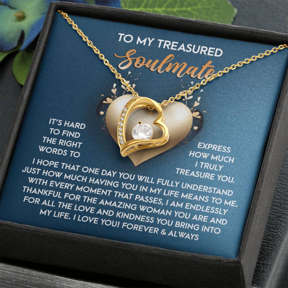 The Soulmate-In My Life - Forever Love Necklace, adorned with a CZ crystal and elegant white gold finish, is beautifully presented in a jewelry box. The backdrop includes a heartfelt message for a soulmate, conveying love and gratitude.