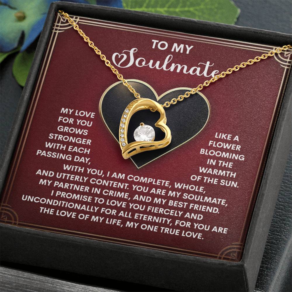 The Soulmate-One True Love - Forever Love Necklace showcases a heart design with a sparkling cubic zirconia center. Offered in white gold or yellow gold, it is elegantly presented on a card with a touching message for your soulmate.