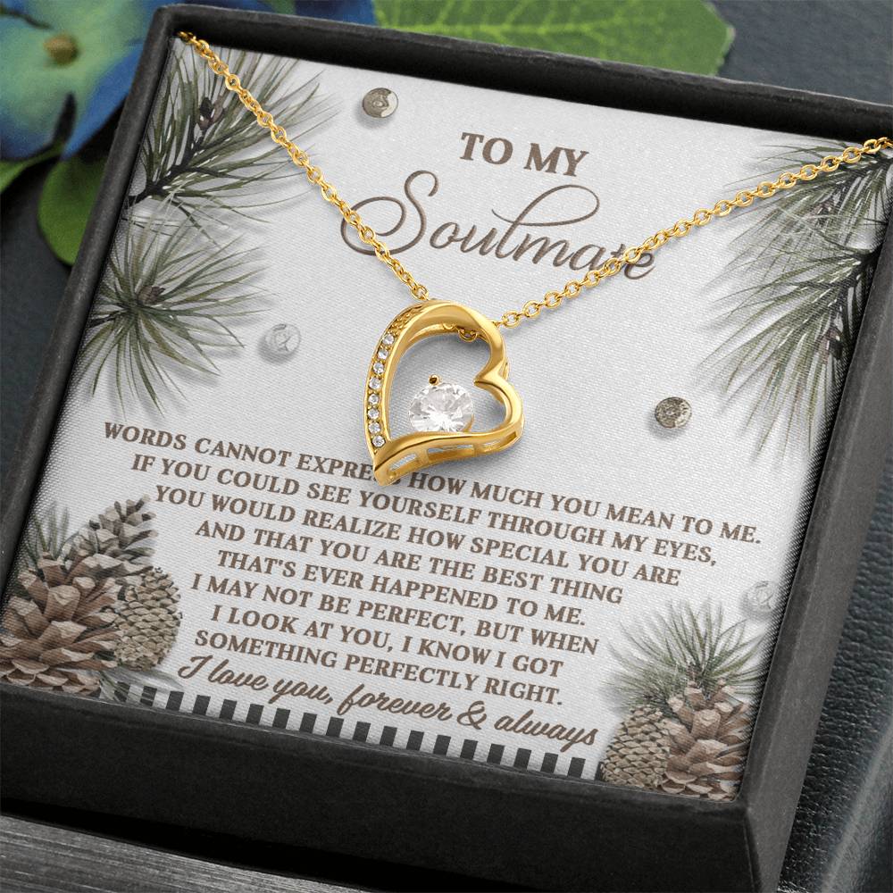 The Soulmate-Perfectly Right - Forever Love Necklace, featuring a gold-finished heart pendant with a central diamond, radiates elegance in its gift box. The decorative pinecones create a charming backdrop for the heartfelt message to your soulmate.