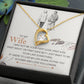 A heart-shaped cubic zirconia pendant with a gold finish necklace inside a ShineOn Fulfillment gift box with a sentimental message to a wife.
