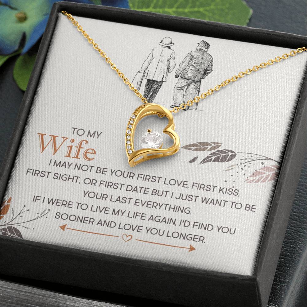 A heart-shaped cubic zirconia pendant with a gold finish necklace inside a ShineOn Fulfillment gift box with a sentimental message to a wife.
