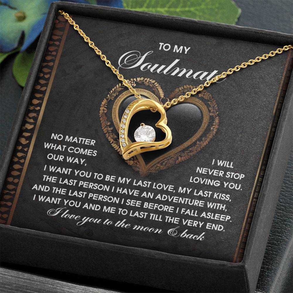 The Soulmate-The Very End Forever Love Necklace comes in a gift box with a message "To My Soulmate," featuring a heart-shaped pendant with 14k white gold finish and sparkling cubic zirconia, offering an elegant keepsake.