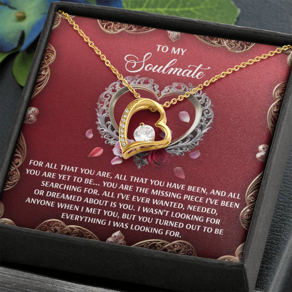 The Soulmate-I Met You - Forever Love Necklace glimmers in a gift box with a 6.5mm CZ crystal pendant and "To My Soulmate" card. Its white gold finish creates an everlasting keepsake, symbolizing love and fulfillment for your one true love.