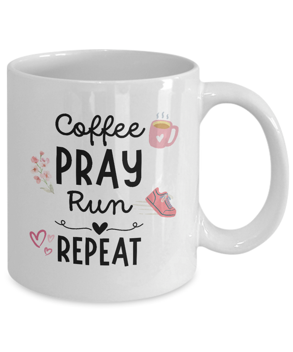 The "Coffee Pray Run Repeat" mug features flowers, a steaming cup, a pink sneaker, and hearts. Printed and shipped from the USA, this charming mug is perfect for runners. Available for a limited time.