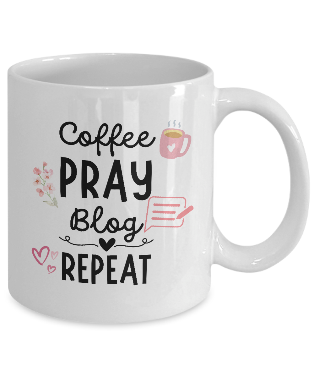 The "Coffee Pray Blog Repeat" mug, featuring delightful graphics of a coffee cup, flowers, hearts, and a blog icon, is printed and shipped from the USA. Enjoy a guaranteed safe checkout for peace of mind. This limited-time blogger appreciation gift is perfect for any coffee enthusiast.