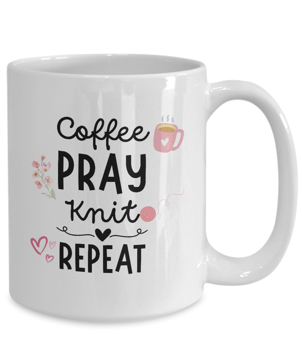 Get the limited edition Coffee Pray Knit Repeat Mug featuring cute illustrations of coffee, flowers, yarn, and hearts. Sip in style with this perfect gift for knitters and enjoy a guaranteed safe checkout!.