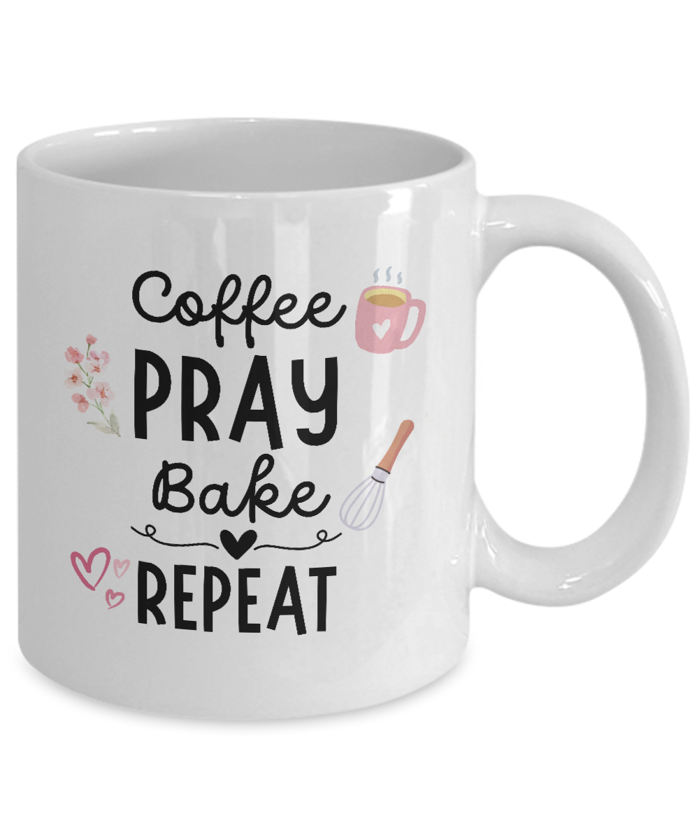 The Coffee Pray Bake Repeat Coffee Mug features a coffee cup, whisk, hearts, and flowers. Ideal for cozy mornings. Available for a limited time—get yours now with secure checkout!.