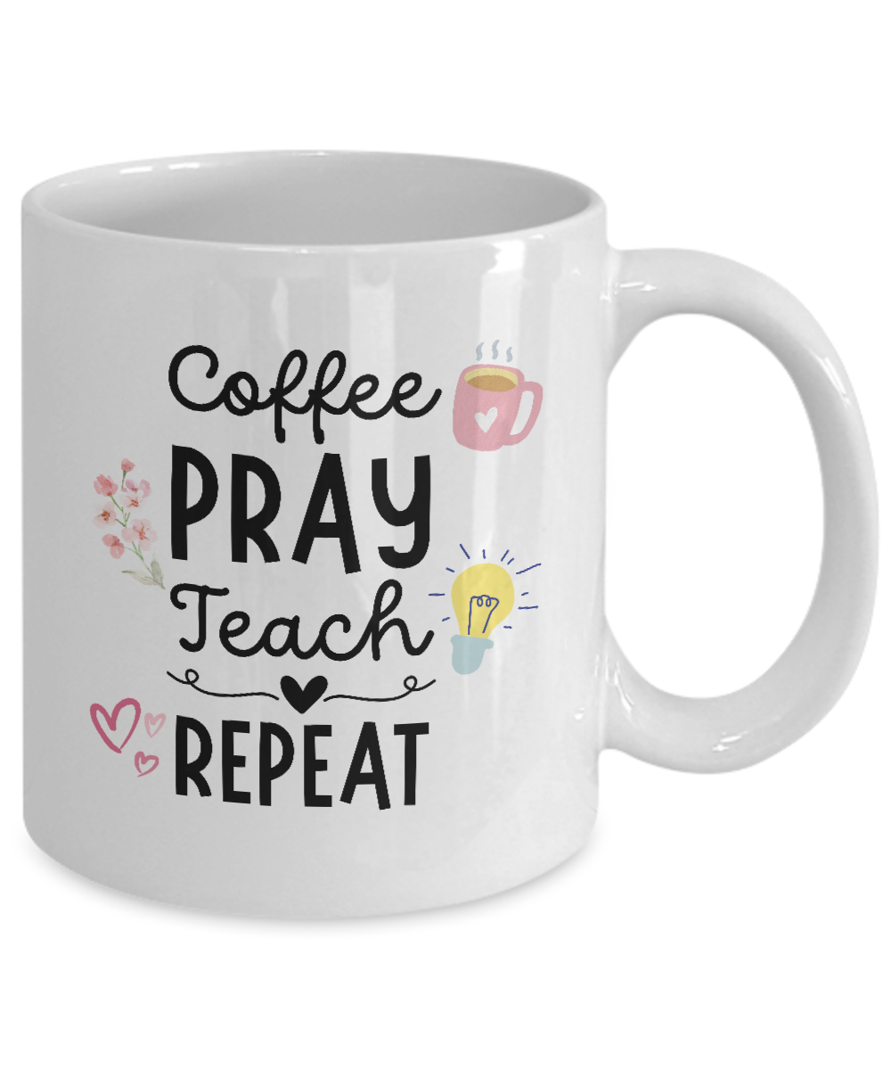 The "Coffee Pray Teach Repeat" white mug showcases icons of a coffee cup, hearts, a light bulb, and flowers. Available for a limited time, it's carefully printed and shipped for safe checkout. Perfect as an appreciation gift for teachers.