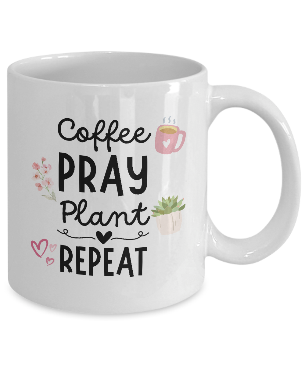 The "Coffee Pray Plant Repeat" mug features illustrations of a coffee cup, plant, and hearts. It makes an ideal gift for gardeners with safe checkout and fast USA shipping.