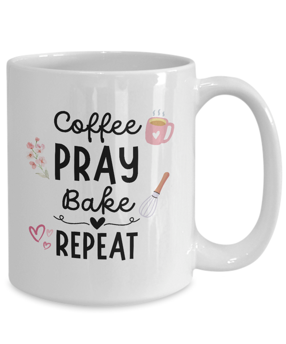 Get the Coffee Pray Bake Repeat Coffee Mug with illustrations of a coffee cup, whisk, flowers, and hearts. Available for a limited time only—enjoy a safe checkout when you buy it now! Perfect gift for bakers.