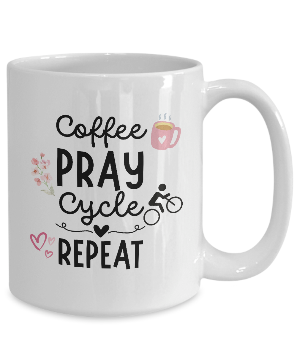 The "Coffee Pray Cycle Repeat Coffee Mug" features a design with a coffee mug, flowers, bicycle, and hearts. It's exclusively online for a limited time. Enjoy secure purchases with our safe checkout. Ideal gift for cyclists!.