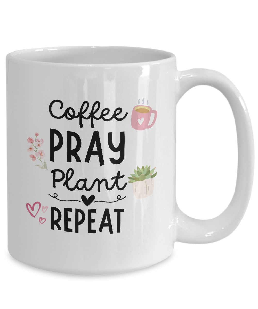 Get the "Coffee Pray Plant Repeat" coffee mug featuring a pink mug, heart shapes, and a potted plant design. Perfect for gardeners, available for a limited time with safe checkout and USA shipping.