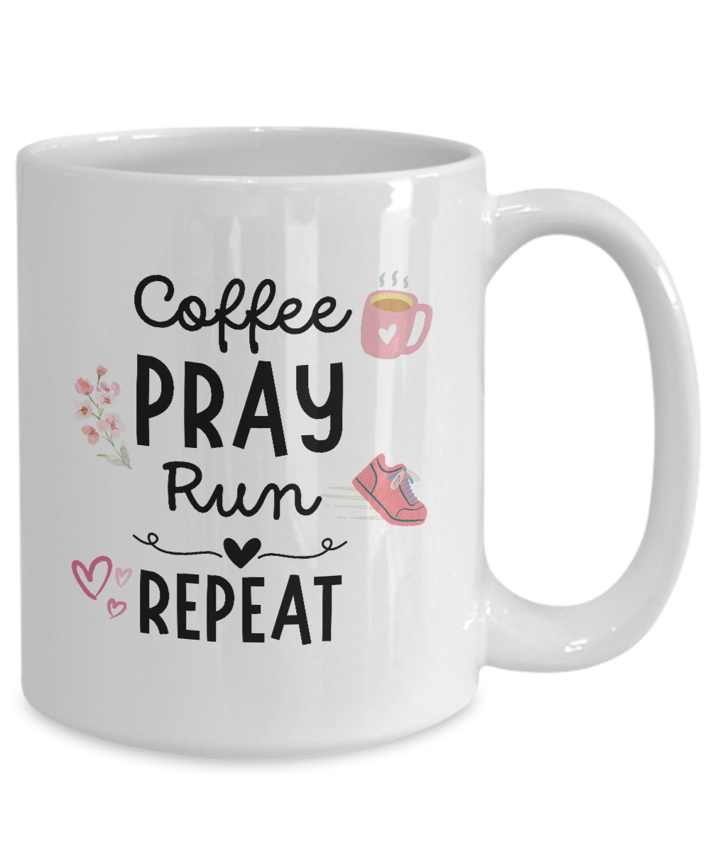 White "Coffee Pray Run Repeat" mug with illustrations of a coffee cup, pink shoe, hearts, and a flower. Limited Time Only! Printed and shipped from the USA for added comfort. Perfect gift for runners!.