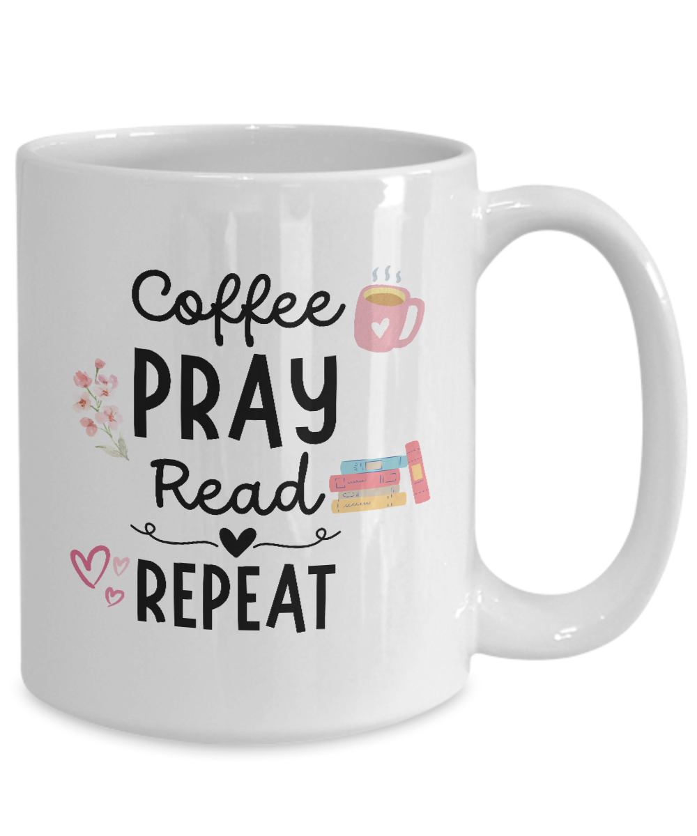 Get the 'Coffee Pray Read Repeat' white mug featuring coffee cup, flowers, and heart designs. Shipped from the USA for a limited time only. Order now; not available in stores! Ideal gift and appreciation cup for readers.