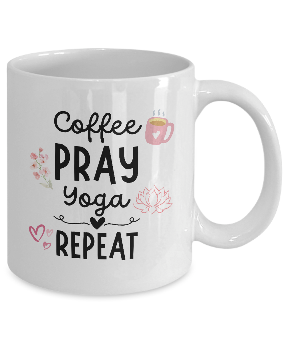 LIMITED TIME: Get the "Coffee Pray Yoga Repeat Coffee Mug," featuring a coffee cup, flowers, and hearts. Ideal gift or appreciation token for yogis. Buy now and enjoy a SAFE CHECKOUT experience!.