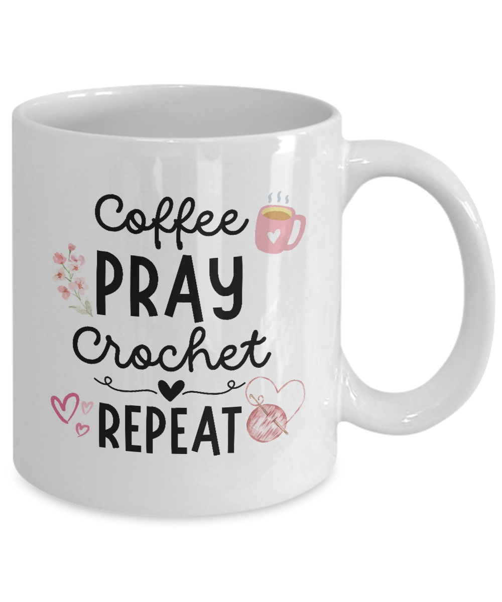 Get your "Coffee Pray Crochet Repeat" mug, featuring heart and coffee cup illustrations, now for a limited time only. This exclusive design isn't available in stores and makes a perfect gift for any crocheter!.