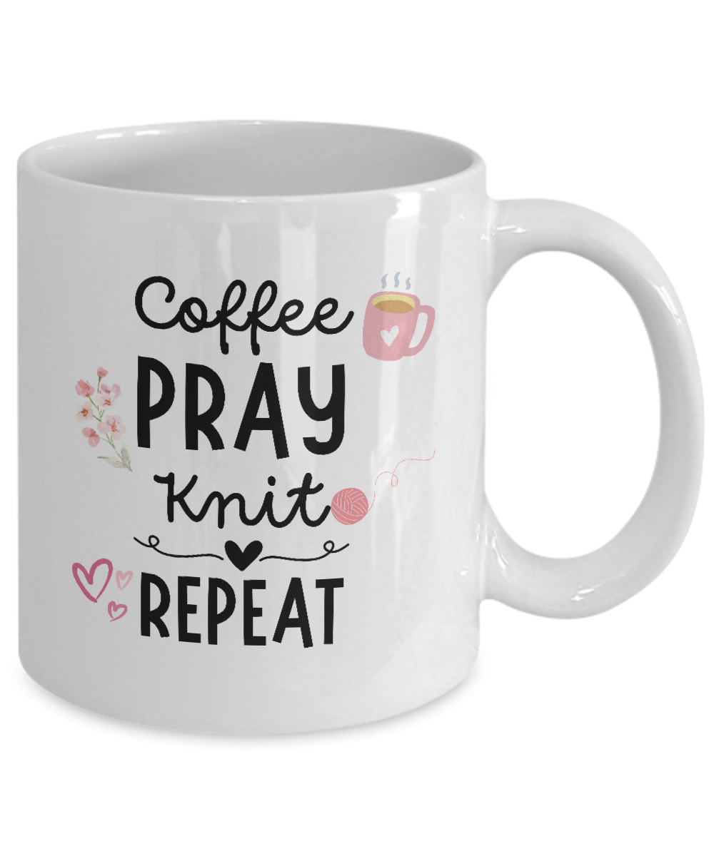 The "Coffee Pray Knit Repeat" white mug features black text with illustrations of a coffee mug, flowers, yarn, and hearts. Offered for a limited time with guaranteed safe checkout and shipped from the USA, it's an ideal gift for knitters.