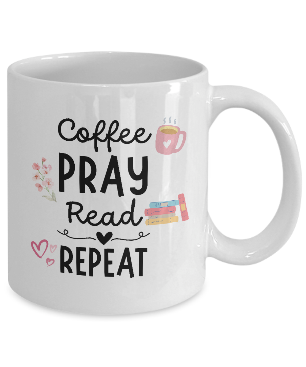 The "Coffee Pray Read Repeat Coffee Mug" features text and illustrations of a coffee cup, flowers, hearts, and books. This delightful design is exclusively printed and shipped from the USA for a limited time. Don’t miss out—it's unavailable in stores!.