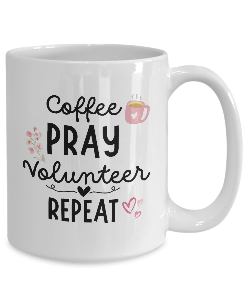 The "Coffee Pray Volunteer Repeat" mug features floral and heart designs with a steaming coffee cup. It's available for a limited time, ensuring careful printing, shipping, and secure checkout.