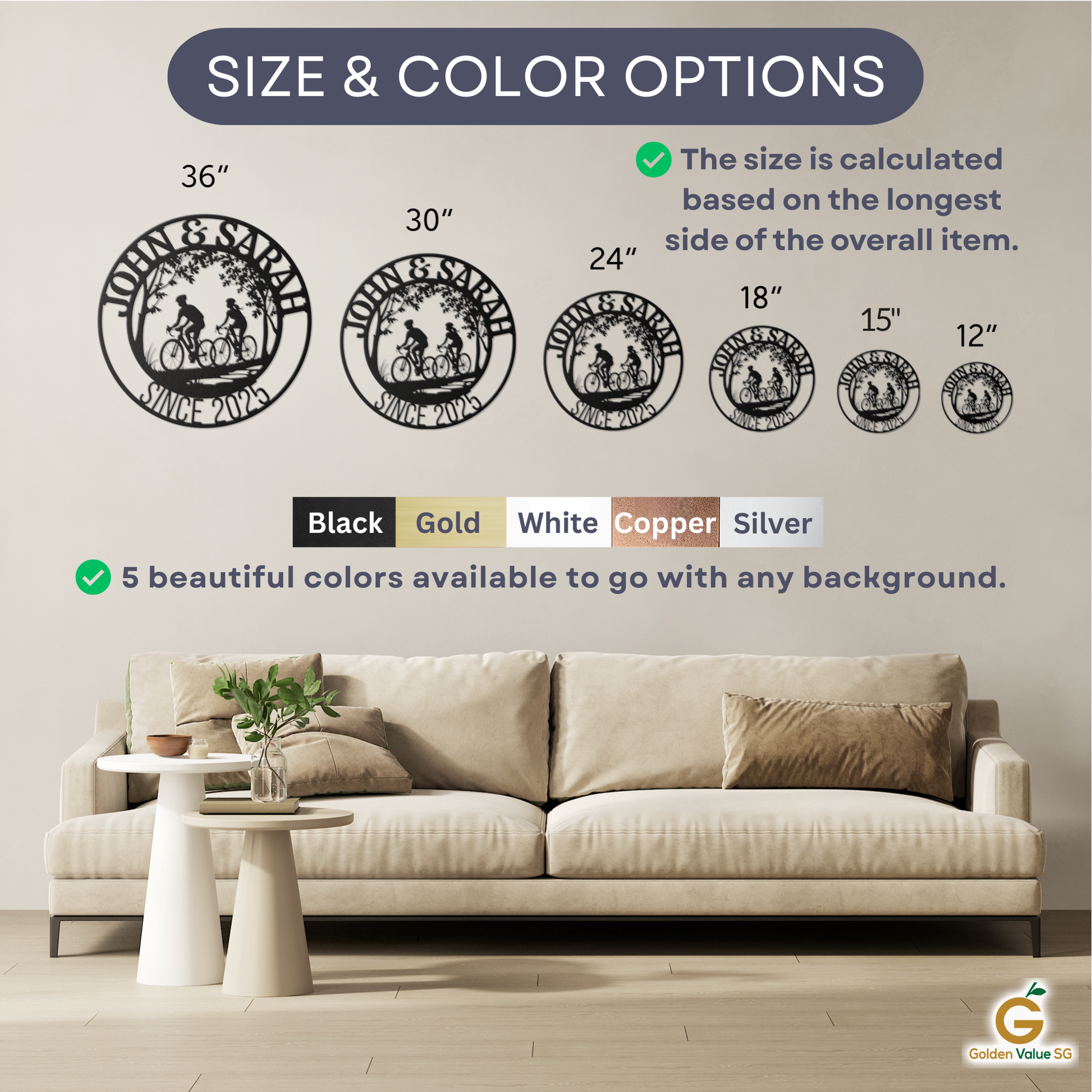 A living room features a beige sofa and modern coffee table. Above, five Personalized Cyclist Couple Metal Wall Art pieces are displayed in custom sizes and your choice of black, gold, white, copper, or silver finishes.