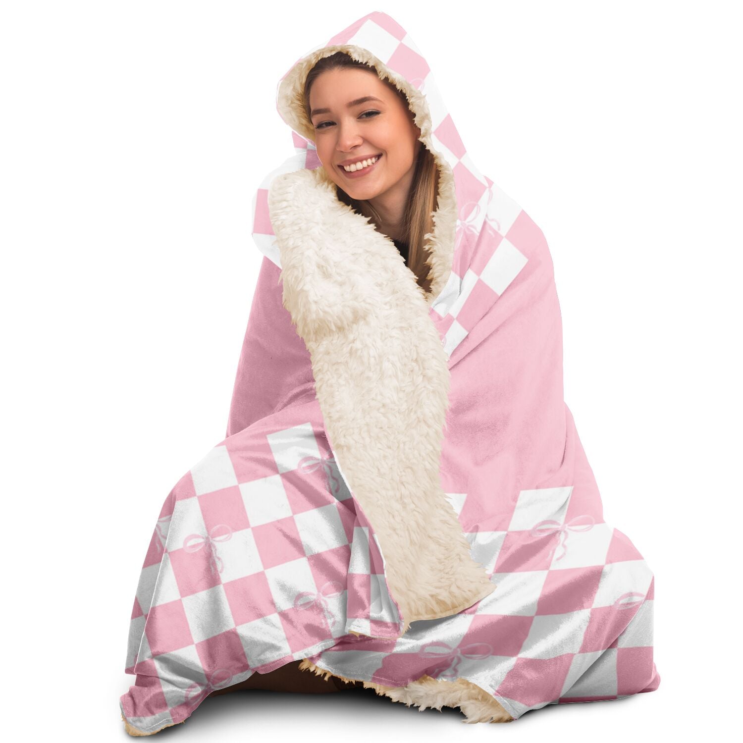 Silky smooth Coquette Blanket Hoodie with Checkered Bow Pattern - Perfect Gift for Birthdays or Girls Getaways in pink and white checkered by Subliminator.