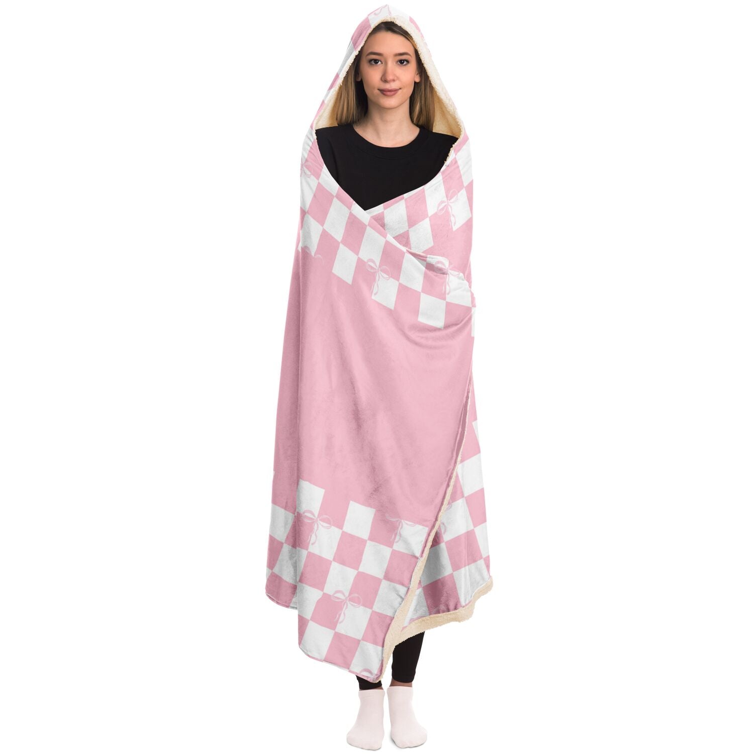 Subliminator Coquette Blanket Hoodie with Checkered Bow Pattern - Perfect Gift for Birthdays or Girls Getaways