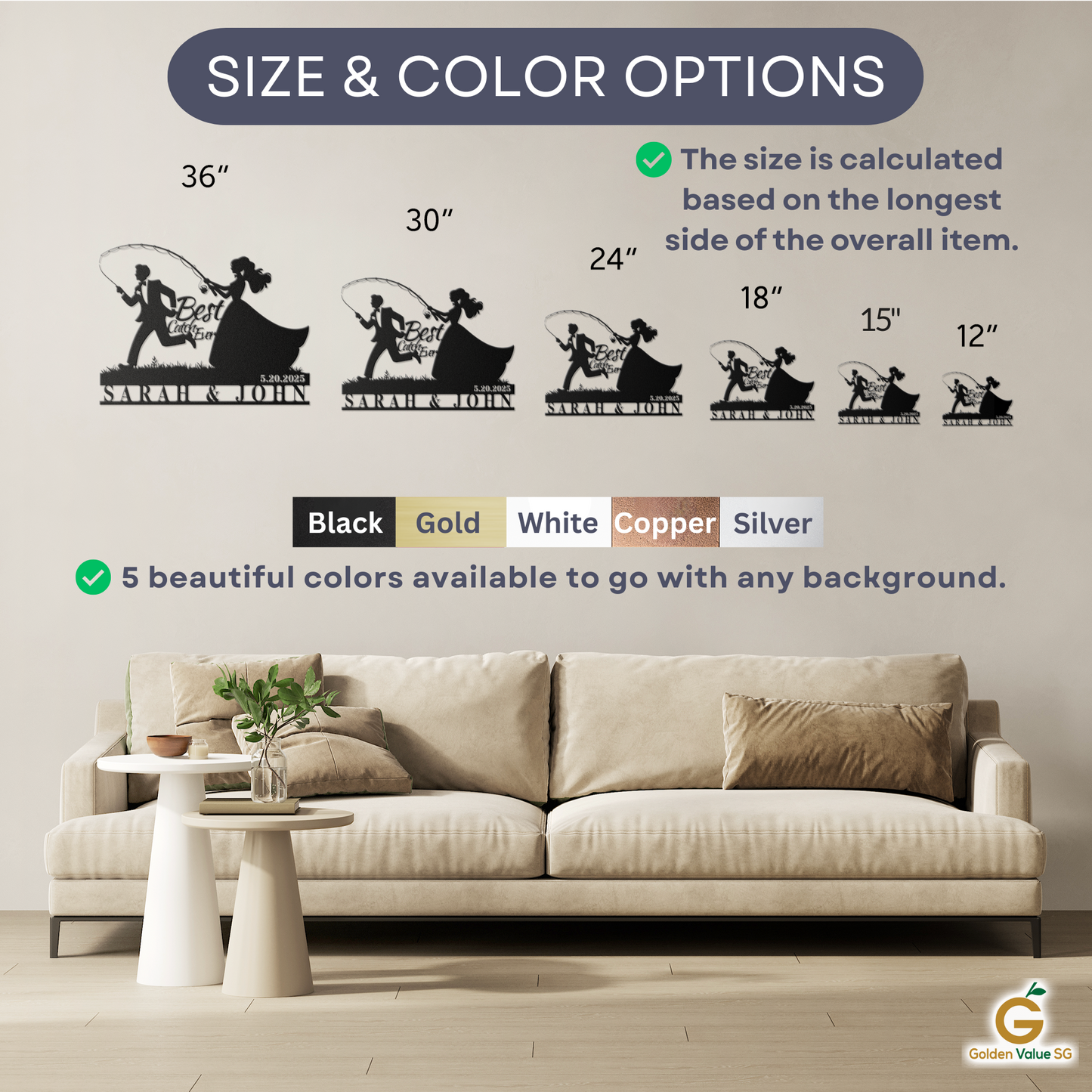 A living room with a beige sofa and coffee table features five Custom Fishing Couple Wedding Metal Wall Art pieces by MEM Design Studio. Personalize sizes (36"-12") and colors: black, gold, white, copper, or silver for unique decor.