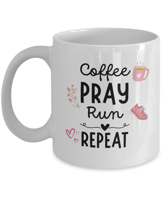 Presenting the "Coffee Pray Run Repeat Coffee Mug" — the perfect gift for runners! This white ceramic mug features charming text saying "Coffee Pray Run Repeat" along with cute illustrations of a coffee cup, flower, running shoe, and hearts. It's available for a limited time only and cannot be found in stores. Secure yours today for a safe and hassle-free checkout experience!