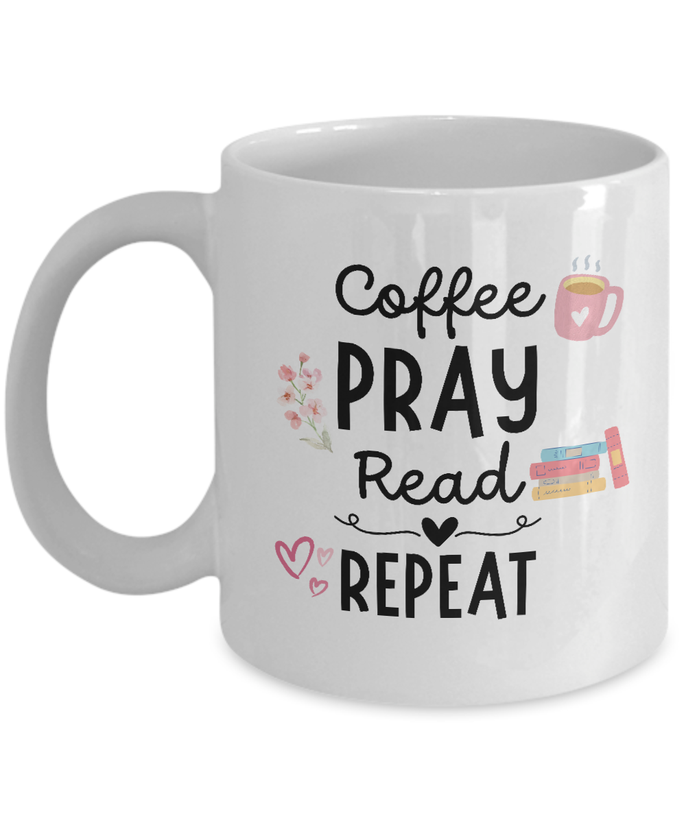 JUST RELEASED! The "Coffee Pray Read Repeat Coffee Mug" – a beautifully designed white mug featuring illustrations of a coffee cup, flowers, hearts, and a stack of books. Celebrate your love for reading with this limited edition gift. Grab yours now before it’s gone!