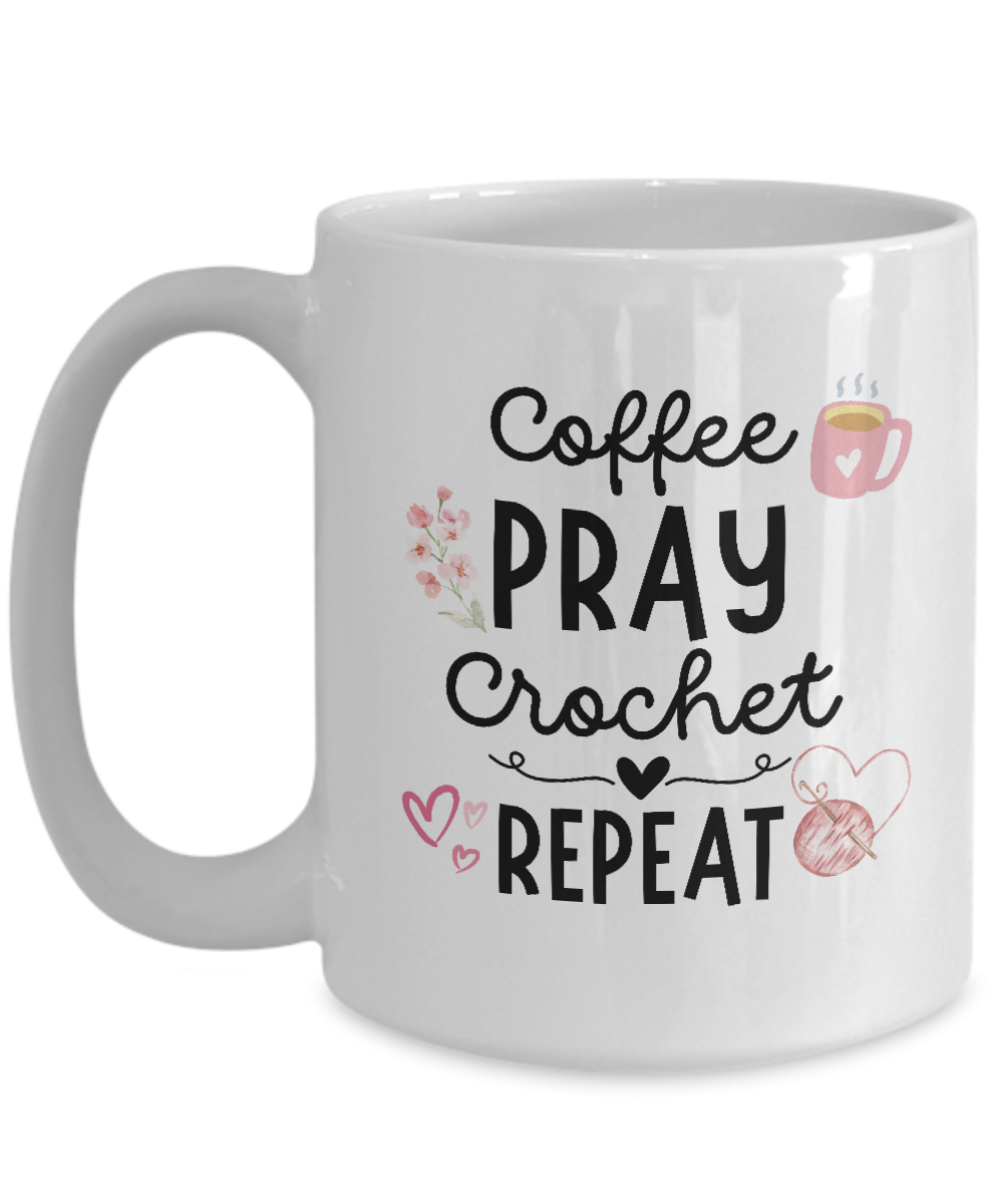 The "Coffee Pray Crochet Repeat" mug, featuring illustrations of a coffee cup, flowers, hearts, and yarn, is the perfect gift for crocheters. It's available for a limited time with safe checkout. Note: Not sold in stores—order yours now!.