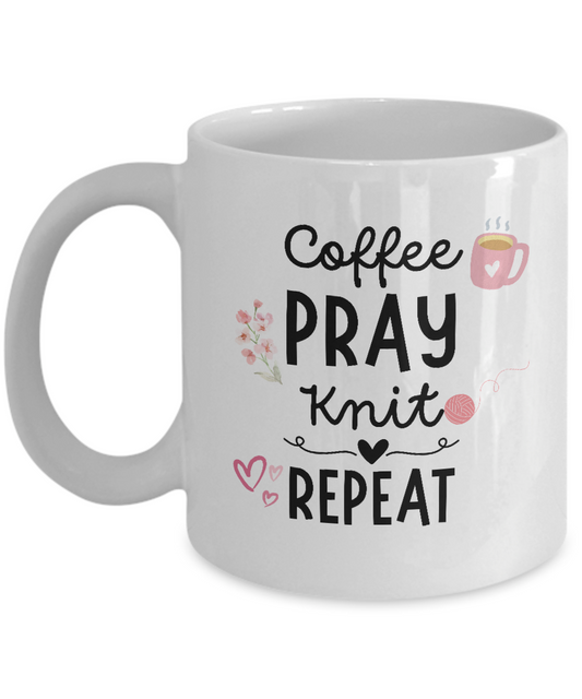 Introducing the Coffee Pray Knit Repeat Coffee Mug – the perfect gift for knitters! This white mug features text saying "Coffee, Pray, Knit, Repeat" along with charming illustrations of a coffee cup, flowers, yarn, and hearts. Just released and available for a limited time only!