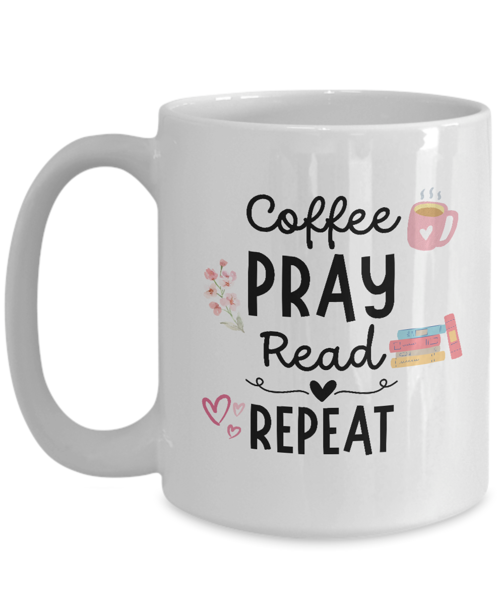 The "Coffee Pray Read Repeat" mug, printed and shipped from the USA, showcases a design with a coffee cup, flowers, hearts, and books. Exclusively online and not found in stores—get this perfect gift for readers while stocks last!.