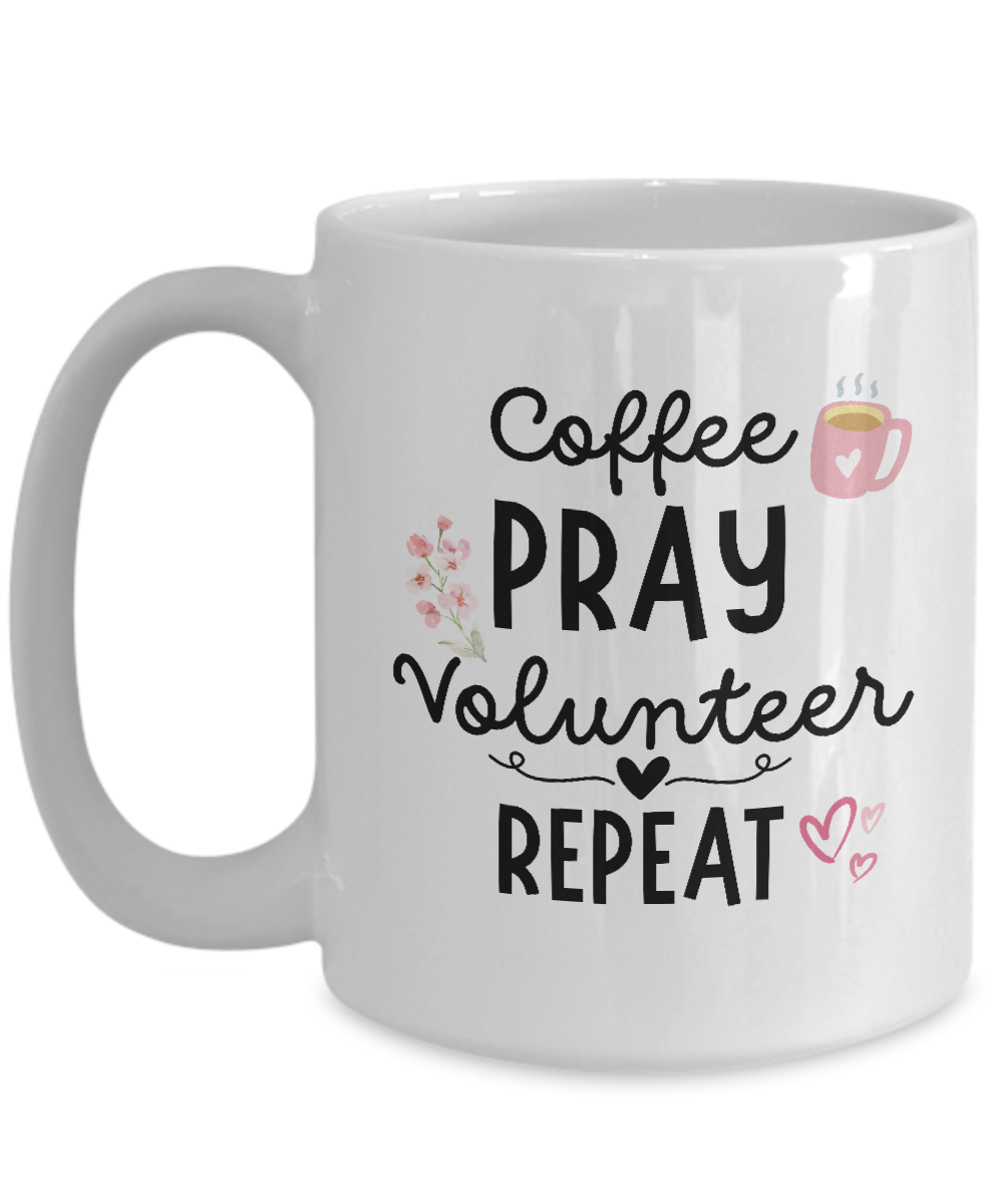 The "Coffee Pray Volunteer Repeat" mug features black text, pink hearts, and a coffee cup design. Available for a limited time with secure checkout. Perfect gift idea to appreciate volunteers!.