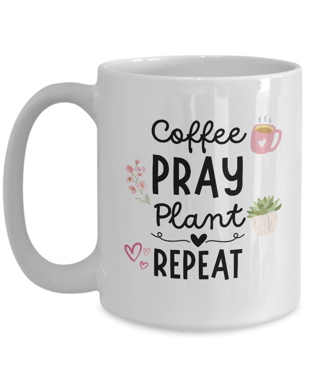 Get the "Coffee Pray Plant Repeat" mug, featuring a coffee cup, plant, and hearts. Perfect for gardeners. Available for a limited time with safe checkout options and USA shipping.